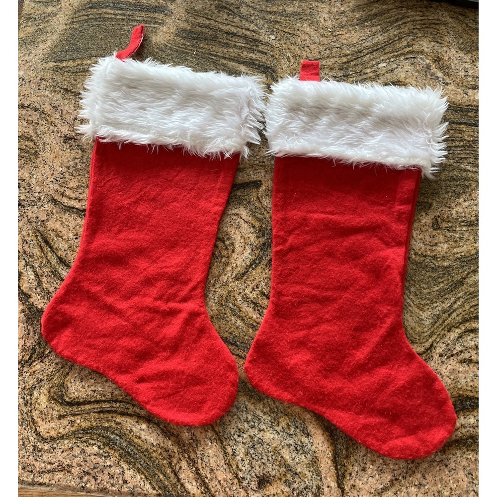 Red Felt and Faux White Fur Large Christmas stockings Set of 2 EUC Holiday